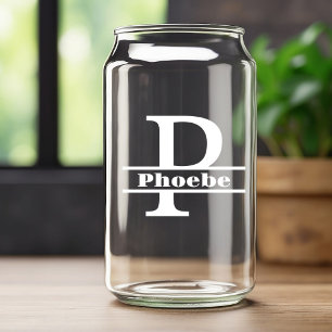 Minimalist White Letter P Monogram and Custom Name Can Glass