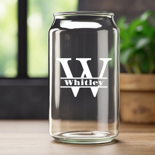 Minimalist White Letter W Monogram and Custom Name Can Glass