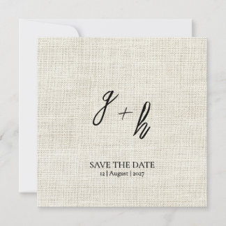 Minimalist White Linen Vintage Save Date Initials Announcement