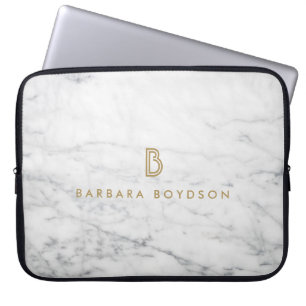 Minimalist White Marble Gold Monogram Laptop Sleeve
