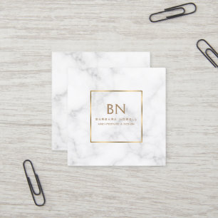 Minimalist White Marble Gold Monogram Square Business Card