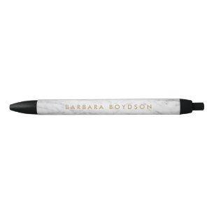 Minimalist White Marble Gold Name Personalized Black Ink Pen