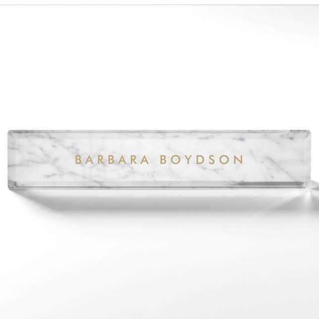 Minimalist White Marble Gold Name Personalized Nameplate (Front)