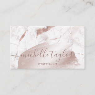 Minimalist white marble rose gold signature script business card