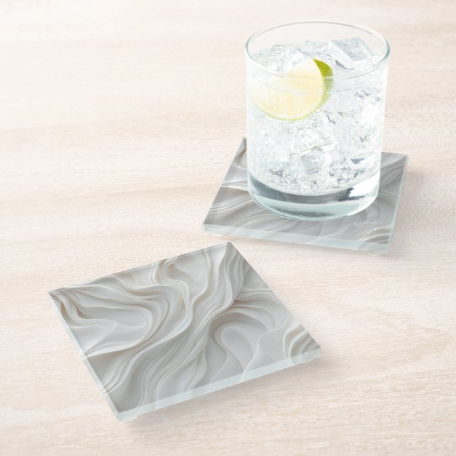 Minimalist White Marble Wave Glass Coaster  (Angled)