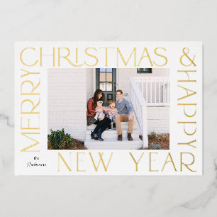 Minimalist White Merry Christmas New Year Photo  Foil Holiday Card