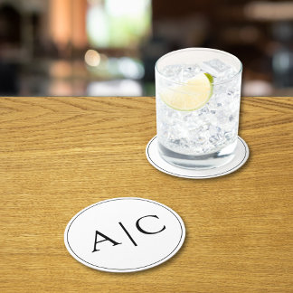 Minimalist White Monogram Wedding Round Paper Coaster