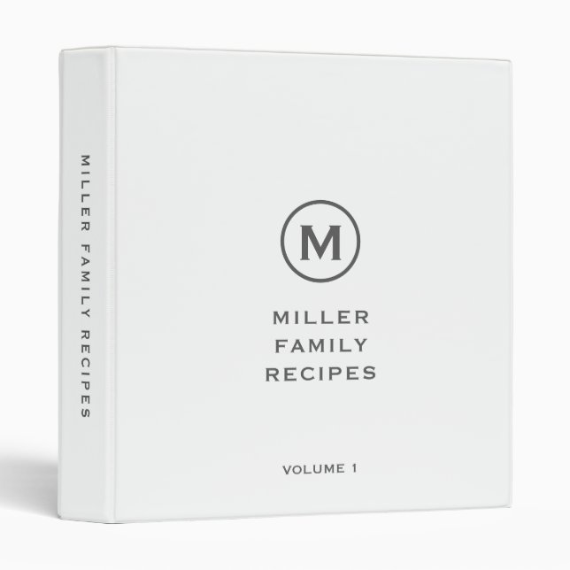 Minimalist White Monogrammed Family Recipe Binder (Front/Spine)