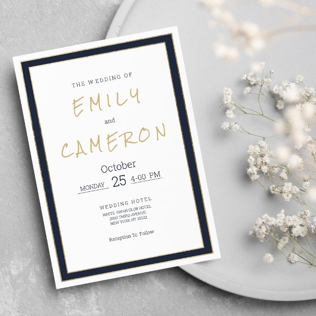 Minimalist white navy blue gold geometric Wedding  Invitation (Minimalist white navy blue gold geometric Wedding )