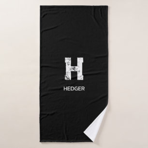 MINIMALIST WHITE ONE LETTER MONOGRAM NAME BLACK  BATH TOWEL