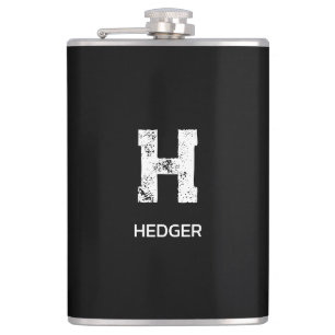 MINIMALIST WHITE ONE LETTER MONOGRAM NAME BLACK HIP FLASK