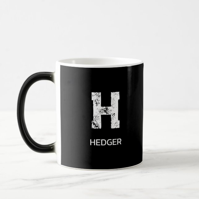 MINIMALIST WHITE ONE LETTER MONOGRAM NAME BLACK MAGIC MUG (Left)