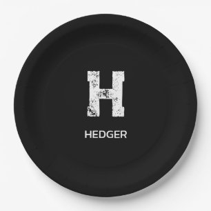 MINIMALIST WHITE ONE LETTER MONOGRAM NAME BLACK PAPER PLATE