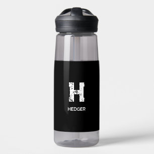 MINIMALIST WHITE ONE LETTER MONOGRAM NAME BLACK WATER BOTTLE