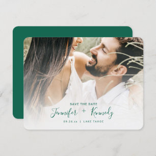 Minimalist White Overlay Emerald Script & Photo Save The Date
