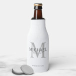 Minimalist White Personalized Groomsmen Bottle Cooler<br><div class="desc">Add a personal touch to your wedding with personalized groomsmen bottle cooler. This bottle cooler features personalized groomsman's name with title and wedding date in grey and monogram in light grey as background, in classic serif font style, on white background. Also perfect for best man, father of the bride, ring...</div>