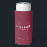 Minimalist White Personalized Groomsmen Can Cooler<br><div class="desc">Add a personal touch to your wedding with personalized groomsmen can cooler. This can cooler features personalized groomsman's name with title and wedding date in white and monogram in light burgundy red as background, in classic serif font style, on burgundy red background. Also perfect for best man, father of the...</div>