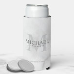 Minimalist White Personalized Groomsmen Can Cooler<br><div class="desc">Add a personal touch to your wedding with personalized groomsmen can cooler. This can cooler features personalized groomsman's name with title and wedding date in grey and monogram in light Nureyev as background, in classic serif font style, on white marble background. Also perfect for best man, father of the bride,...</div>