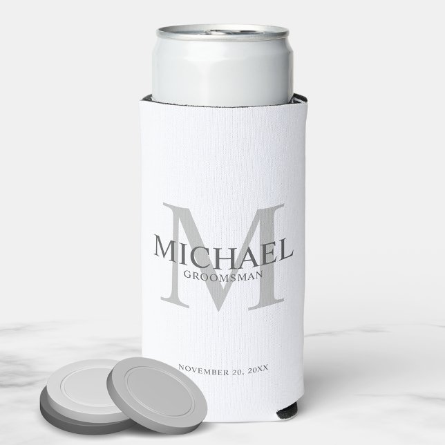 Minimalist White Personalized Groomsmen Can Cooler (Creator Uploaded)