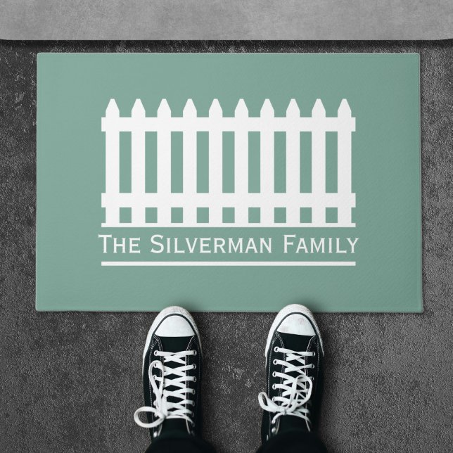 Minimalist White Picket Fence on Green Family Doormat (Minimalist White Picket Fence on Green Family Doormat)
