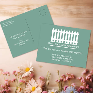 Minimalist White Picket Fence on Green We've Moved Postcard