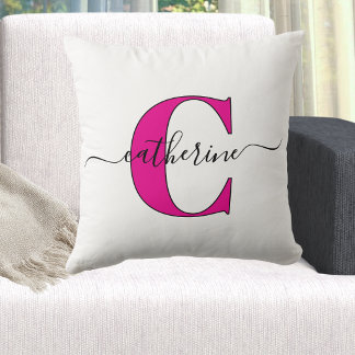 Minimalist White Pink Monogram Name Stylish Script Throw Pillow