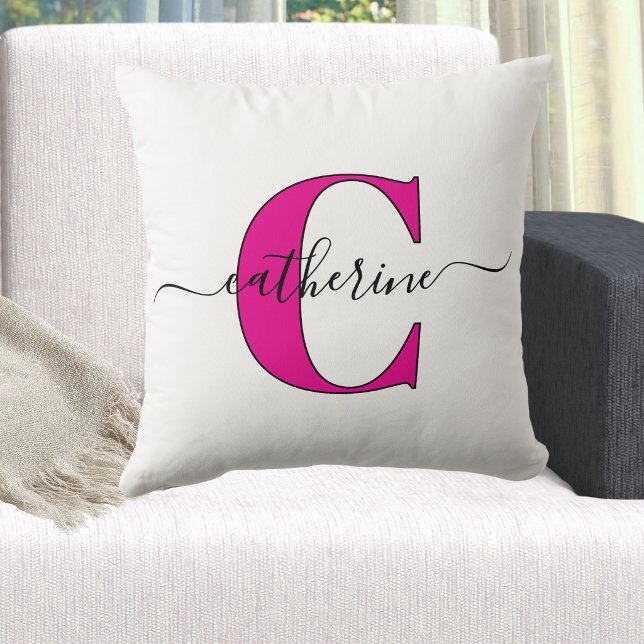 Minimalist White Pink Monogram Name Stylish Script Throw Pillow (Modern Customizable Hot Pink Script Monogram Throw Pillow)