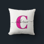 Minimalist White Pink Monogram Name Stylish Script Throw Pillow<br><div class="desc">This minimalist monogram throw pillow will brighten up the decor of any room. The stylish black script of the first name and the elegant, bold pink, capital letter initial against the white throw pillow has a clean upscale aesthetic. It will elevate the look of a room on a sofa, chaise,...</div>