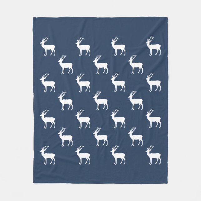 Minimalist white reindeer pattern on blue fleece blanket (Front)