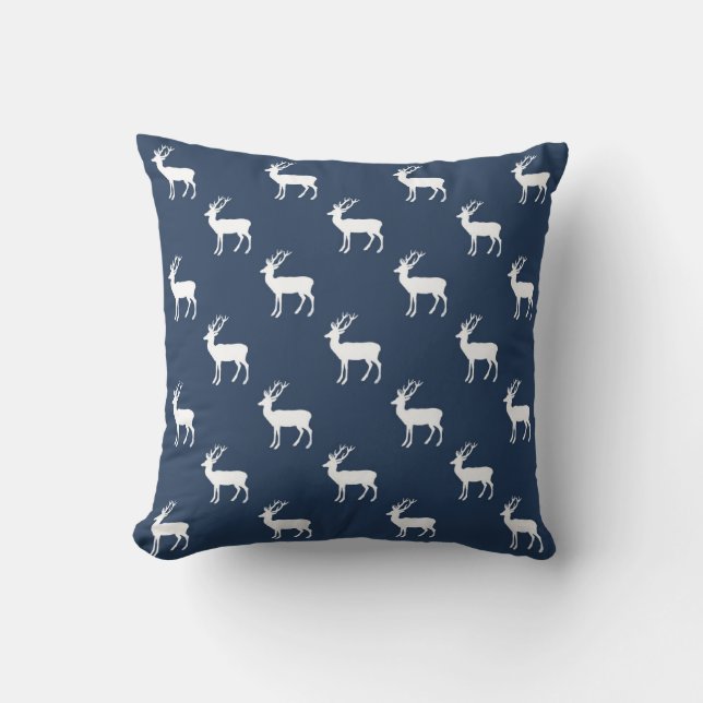 Minimalist white reindeer pattern on blue throw pillow (Front)