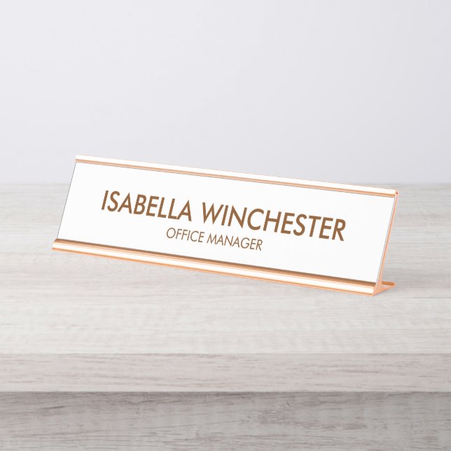 Minimalist white rose gold name title stylish chic desk name plate (Front)