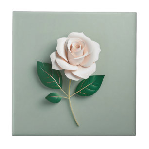 Minimalist White Rose On Green Tile