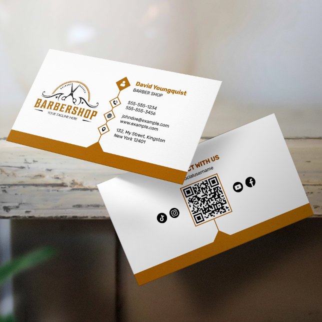Minimalist White & Rusty Brown Barber Shop QR Code Business Card (Creator Uploaded)