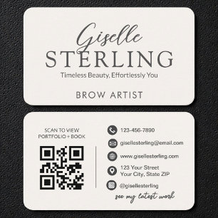Minimalist White Script Eyebrow Artist QR Code Business Card