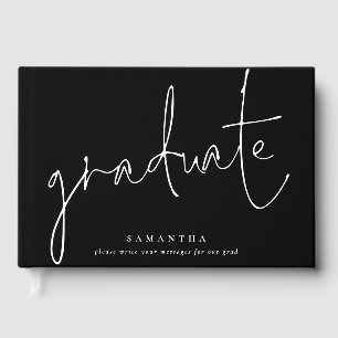 Minimalist White Script Graduate Graduation Black Guest Book