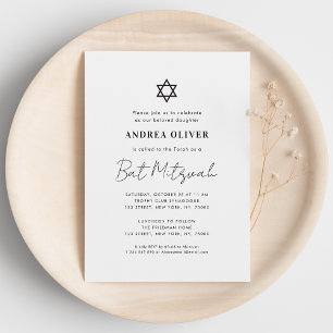 Minimalist White Script Modern Simple Bat Mitzvah  Invitation