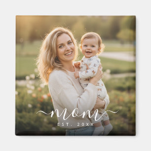 Minimalist White Script Mom Est Year Magnet