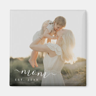 Minimalist White Script Mom Est Year Magnet