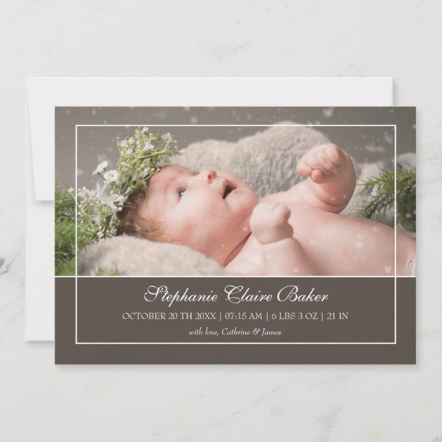 Minimalist white Script Photo Birth Announcement (Front)