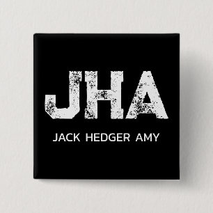 MINIMALIST WHITE THREE LETTER MONOGRAM NAME BLACK 2 INCH SQUARE BUTTON