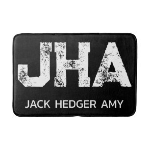 MINIMALIST WHITE THREE LETTER MONOGRAM NAME BLACK BATH MAT