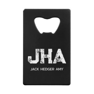 MINIMALIST WHITE THREE LETTER MONOGRAM NAME BLACK  CREDIT CARD BOTTLE OPENER