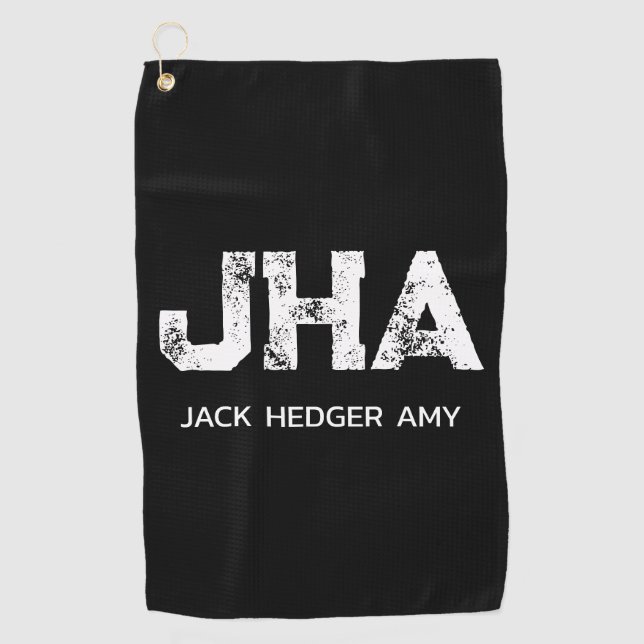 MINIMALIST WHITE THREE LETTER MONOGRAM NAME BLACK  GOLF TOWEL (Front)