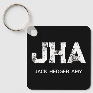 MINIMALIST WHITE THREE LETTER MONOGRAM NAME BLACK  KEYCHAIN