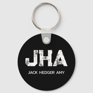MINIMALIST WHITE THREE LETTER MONOGRAM NAME BLACK  KEYCHAIN