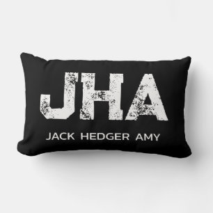 MINIMALIST WHITE THREE LETTER MONOGRAM NAME BLACK LUMBAR PILLOW