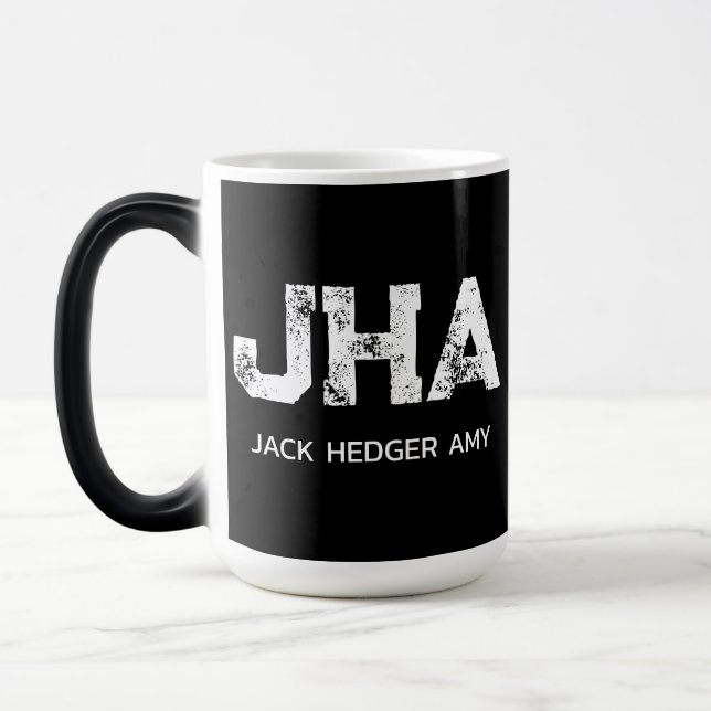 MINIMALIST WHITE THREE LETTER MONOGRAM NAME BLACK MAGIC MUG (Left)