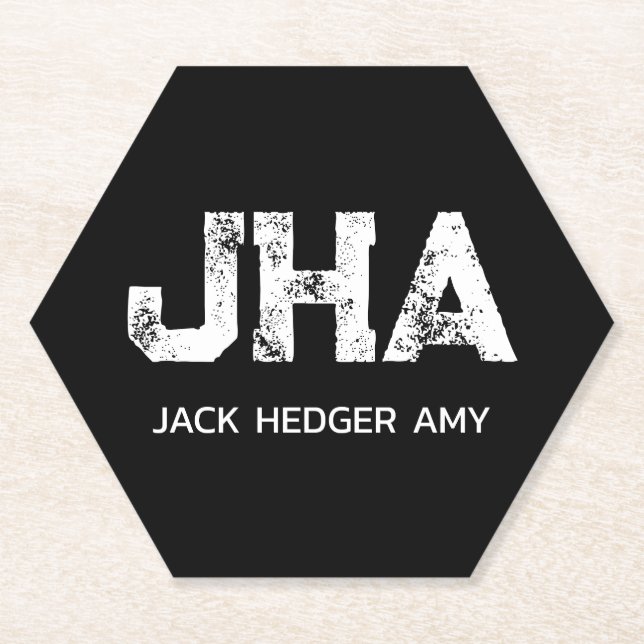MINIMALIST WHITE THREE LETTER MONOGRAM NAME BLACK PAPER COASTER (Front)