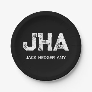 MINIMALIST WHITE THREE LETTER MONOGRAM NAME BLACK PAPER PLATE