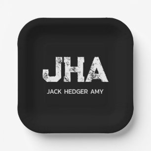 MINIMALIST WHITE THREE LETTER MONOGRAM NAME BLACK PAPER PLATE